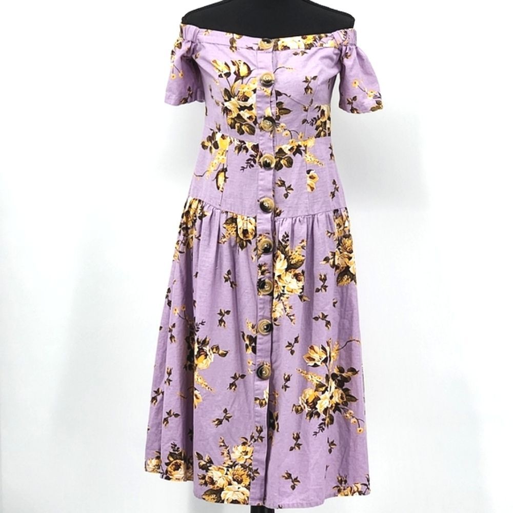 ASOS Off The Shoulder Button Down Purple Floral Print Midi Dress Womens Size 4